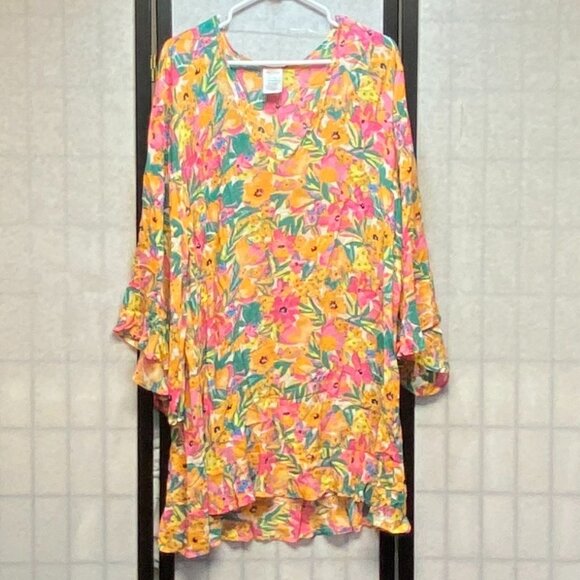 Anne Cole Ruffle Bell Sleeve V Neck Sheer Crinkle Bright Floral Tunic Dress NEW - Picture 1 of 13